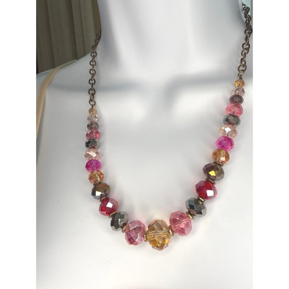 Pink Graduated Faceted Bead Brass Goldtone Necklace